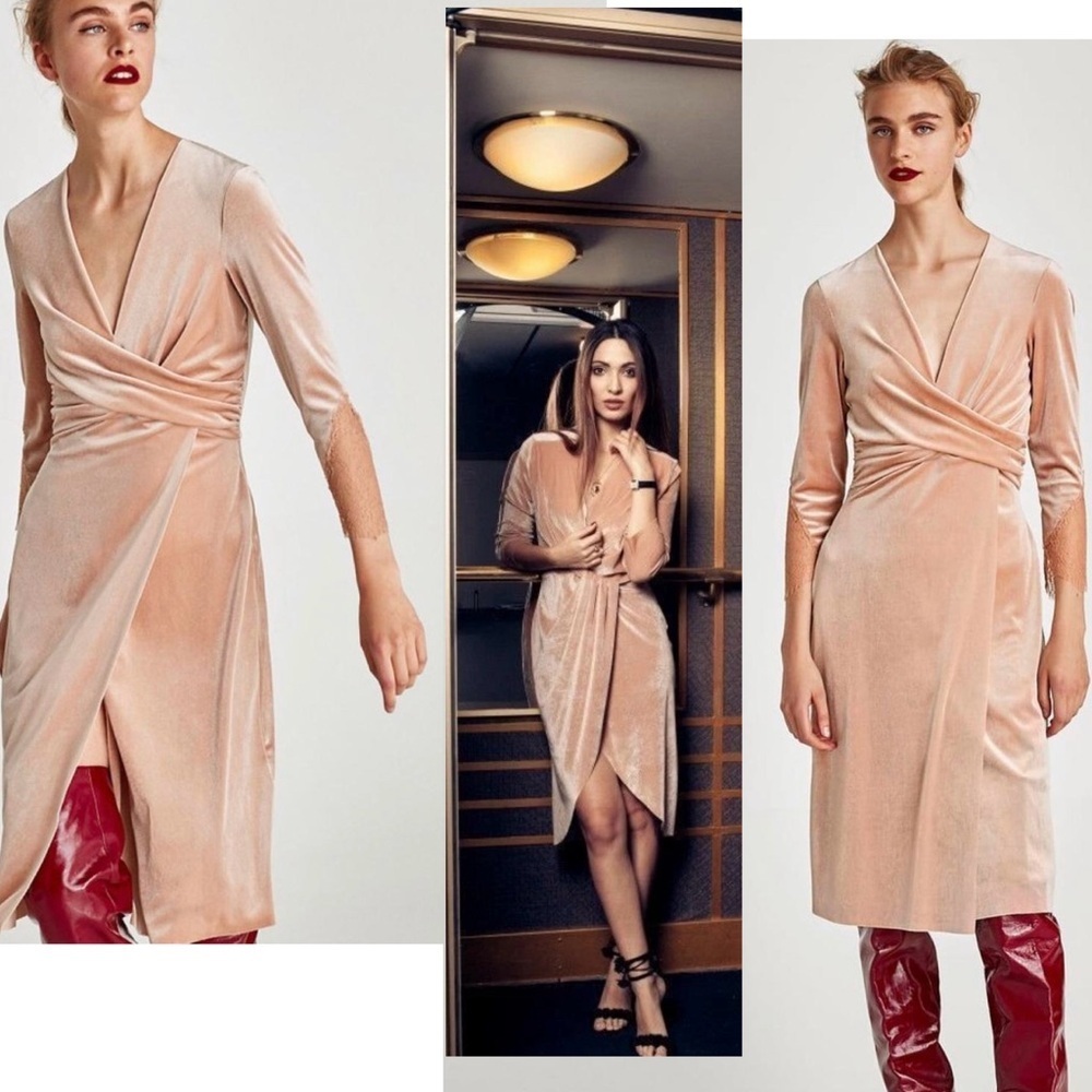 Zara nude blush pink velvet lace long sleeve V-neck wrap midi dress Sz L NWT